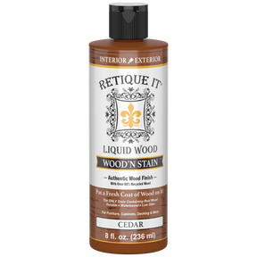 Liquid Wood Wood'n Stain by Retique It in Cedar color, 8 oz bottle, showing the stain's rich cedar wood finish.