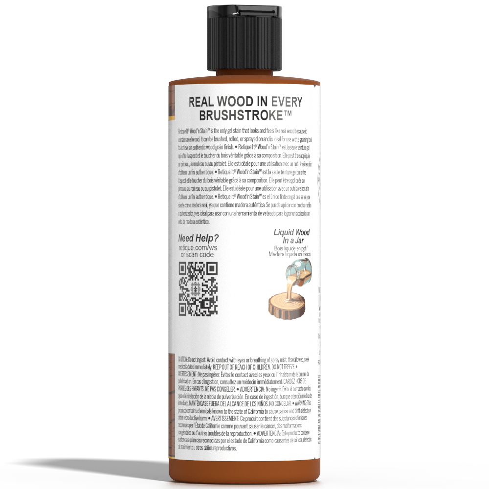 Retique It Liquid Wood Wood'n Stain in 8 oz Cedar bottle, showcasing the stain's rich cedar color and smooth liquid consistency.