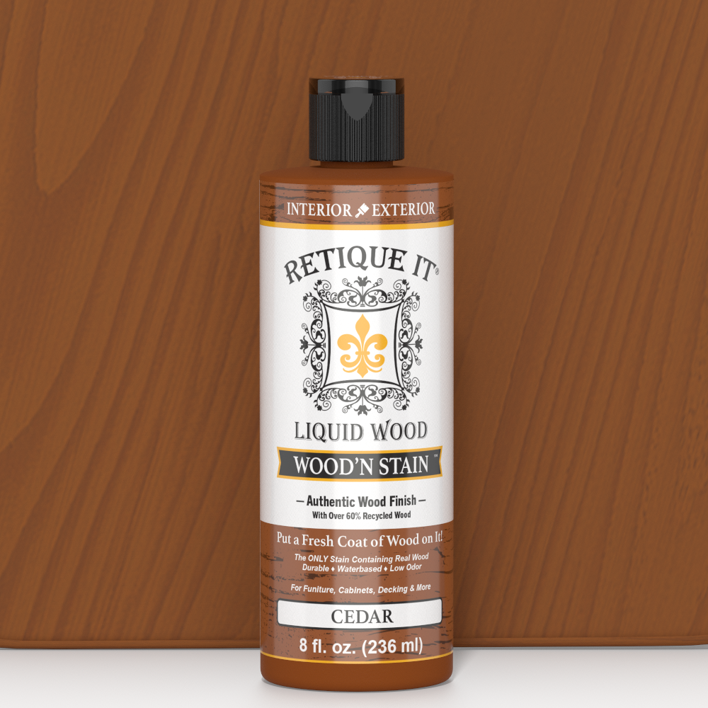 Retique It Liquid Wood Wood'n Stain in 8 oz Cedar, showcasing the stain applied to wood for a natural cedar finish.