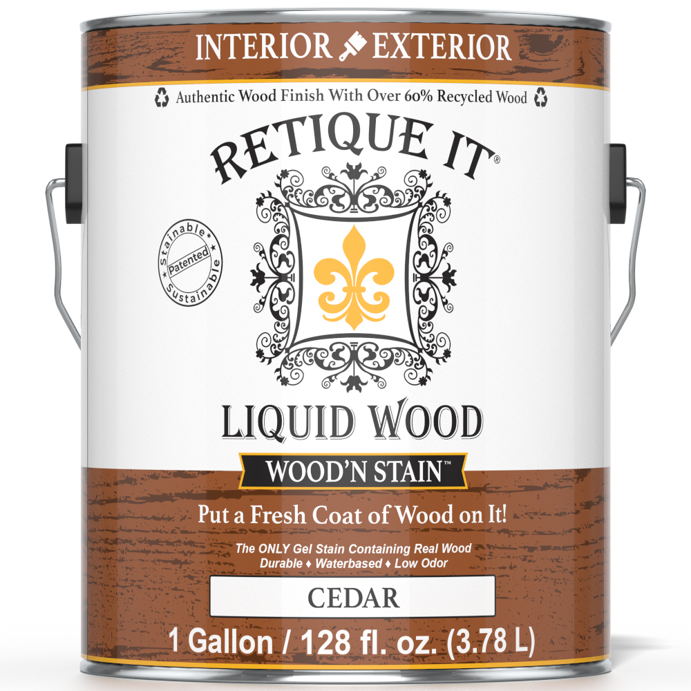 Liquid Wood Wood'n Stain in Cedar by Retique It shown in a 128 oz container, designed for staining wood surfaces with a cedar finish.