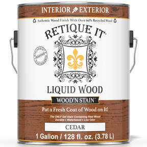 Liquid Wood Wood'n Stain in Cedar by Retique It shown in a 128 oz container, designed for staining wood surfaces with a cedar finish.