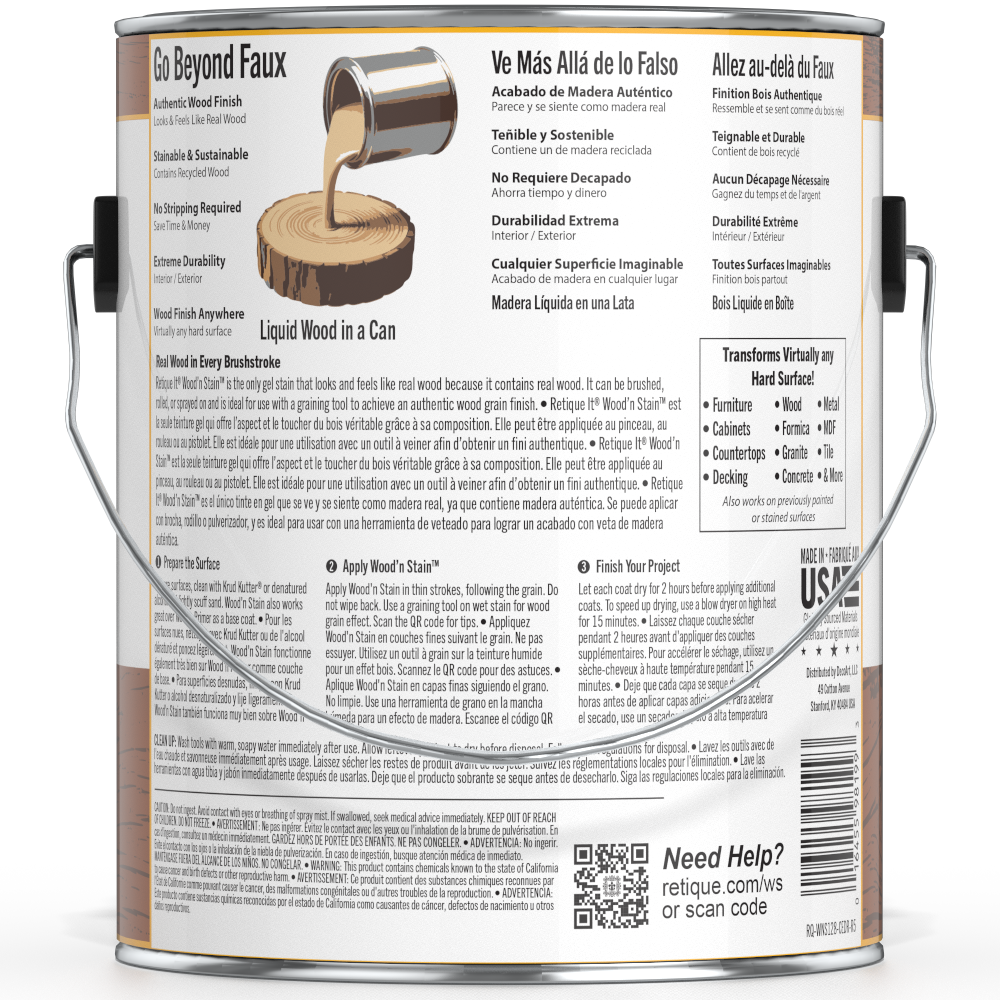 Liquid Wood Wood'n Stain by Retique It in cedar, 128 oz, showcasing the stain bottle with cedar-colored wood finish.