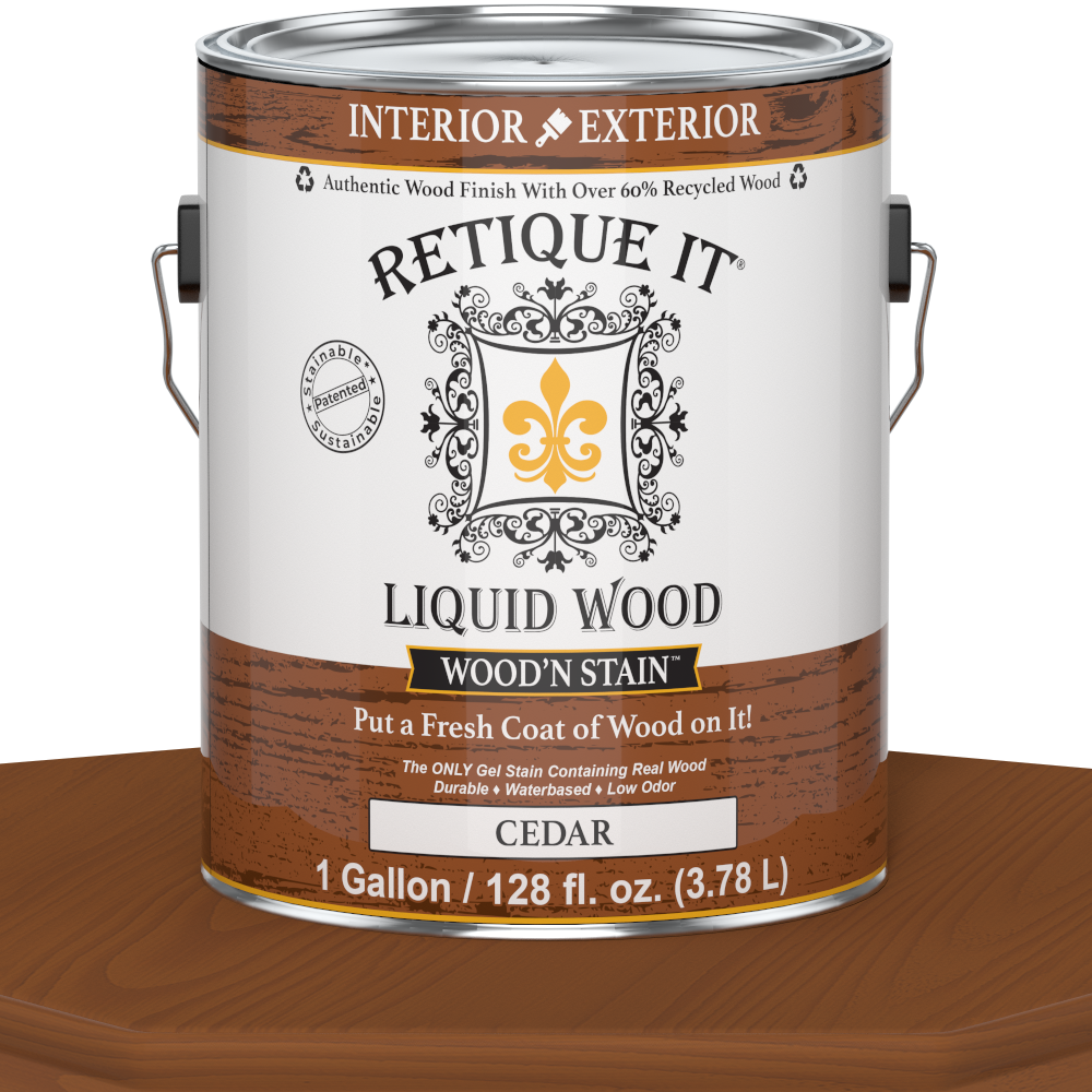 Liquid Wood Wood'n Stain by Retique It in Cedar, 128 oz, showcasing the stain applied to wood for a natural finish.