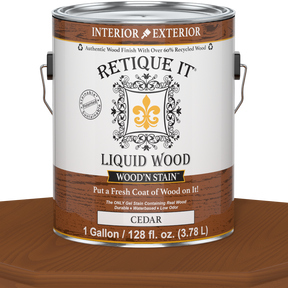 Liquid Wood Wood'n Stain by Retique It in Cedar, 128 oz, showcasing the stain applied to wood for a natural finish.