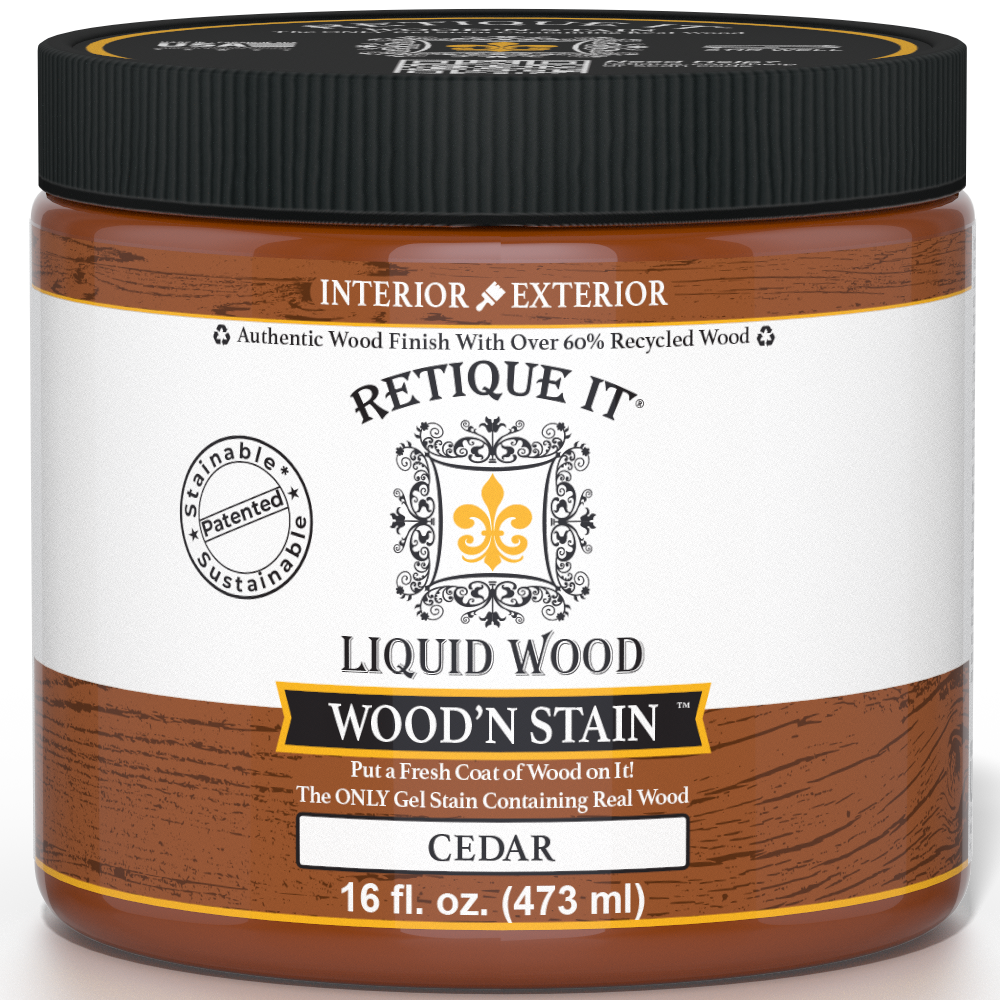Retique It Liquid Wood Wood'n Stain in Cedar, 16 oz, showcasing the stain's rich cedar color on wood surface.