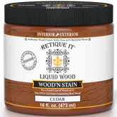 Retique It Liquid Wood Wood'n Stain in Cedar, 16 oz, showcasing the stain's rich cedar color on wood surface.