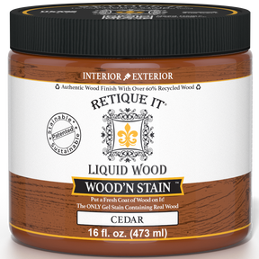 Retique It Liquid Wood Wood'n Stain in Cedar, 16 oz, showcasing the stain's rich cedar color on wood surface.