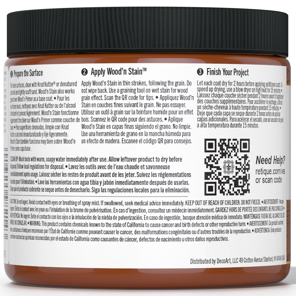 Liquid Wood Wood'n Stain in Cedar color by Retique It; 16 oz bottle showing stain application on wood surface.