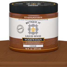 Retique It Liquid Wood Wood'n Stain in Cedar, 16 oz bottle, showcasing the stain's rich cedar color and liquid application.