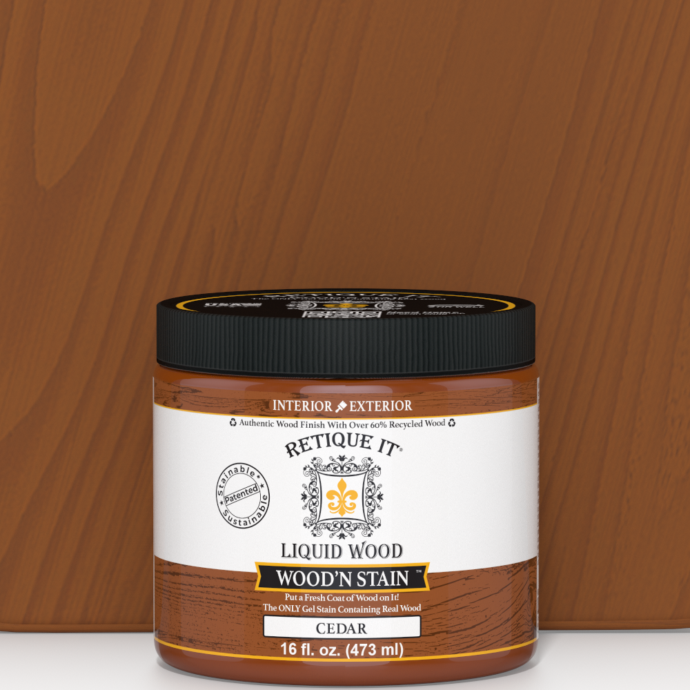 Retique It Liquid Wood Wood'n Stain in Cedar, 16 oz, showing the stain's rich cedar color on wood surface.