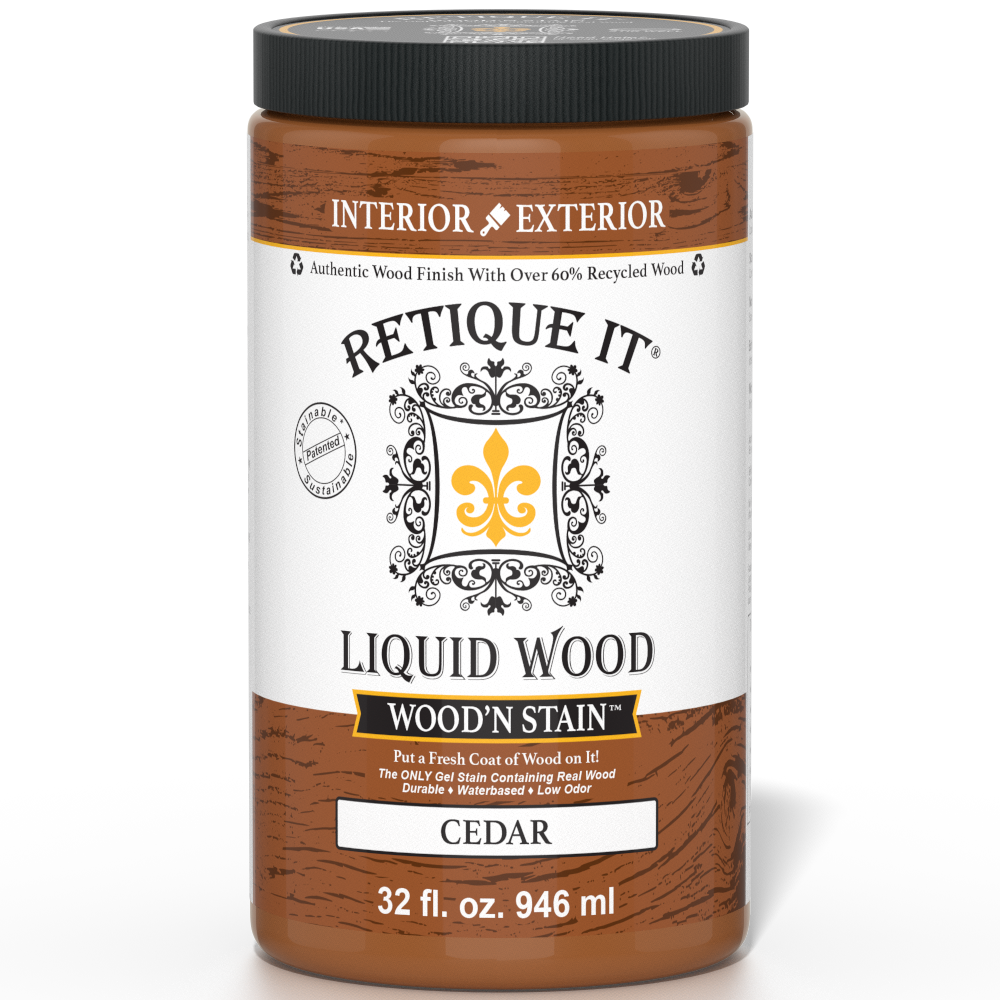 Retique It Liquid Wood Wood'n Stain in Cedar, 32 oz, showcasing the stain application on wood for a rich cedar finish.