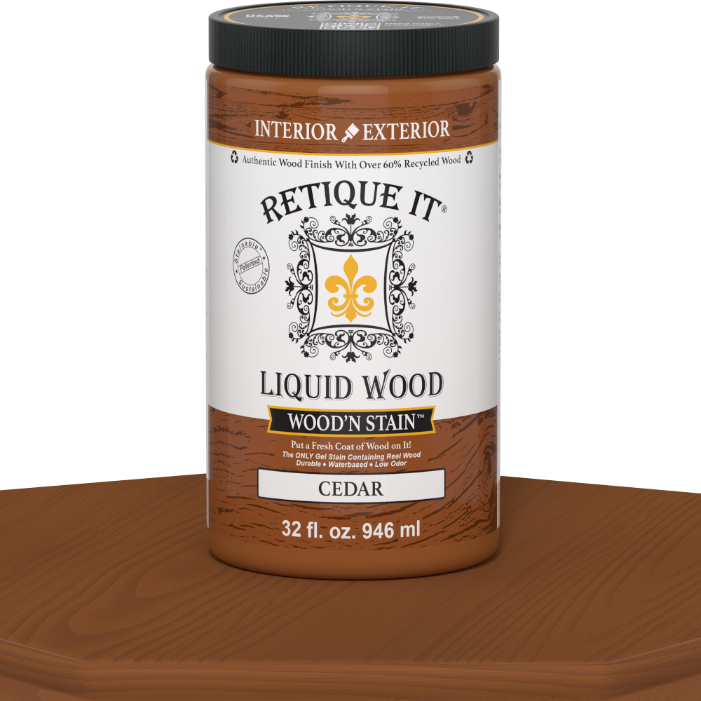 Liquid Wood Wood'n Stain 32 oz cedar color by Retique It shown in a container with wood grain sample.