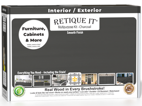 Retique It® wood finish kit in charcoal with multiple tools and products for smooth, multi-purpose wood finishing application.