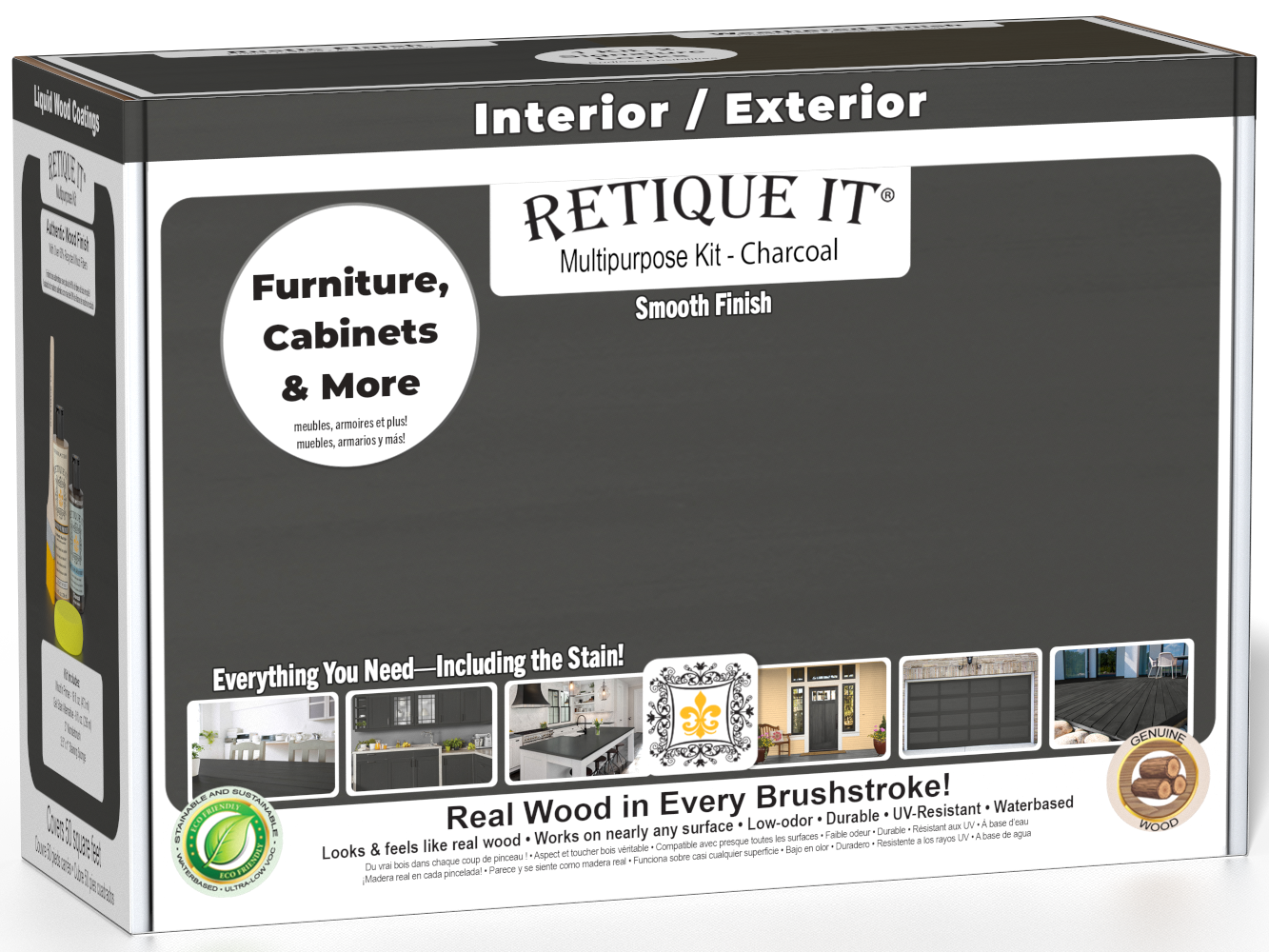 Retique It® Multi-purpose Smooth Finish Kit in Charcoal for wood exterior top coat with a matte finish, shown with tools and supplies.