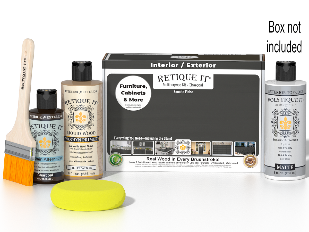 Retique It® Multi-purpose Smooth Finish Kit in Charcoal for exterior wood projects, includes top coat and application tools.