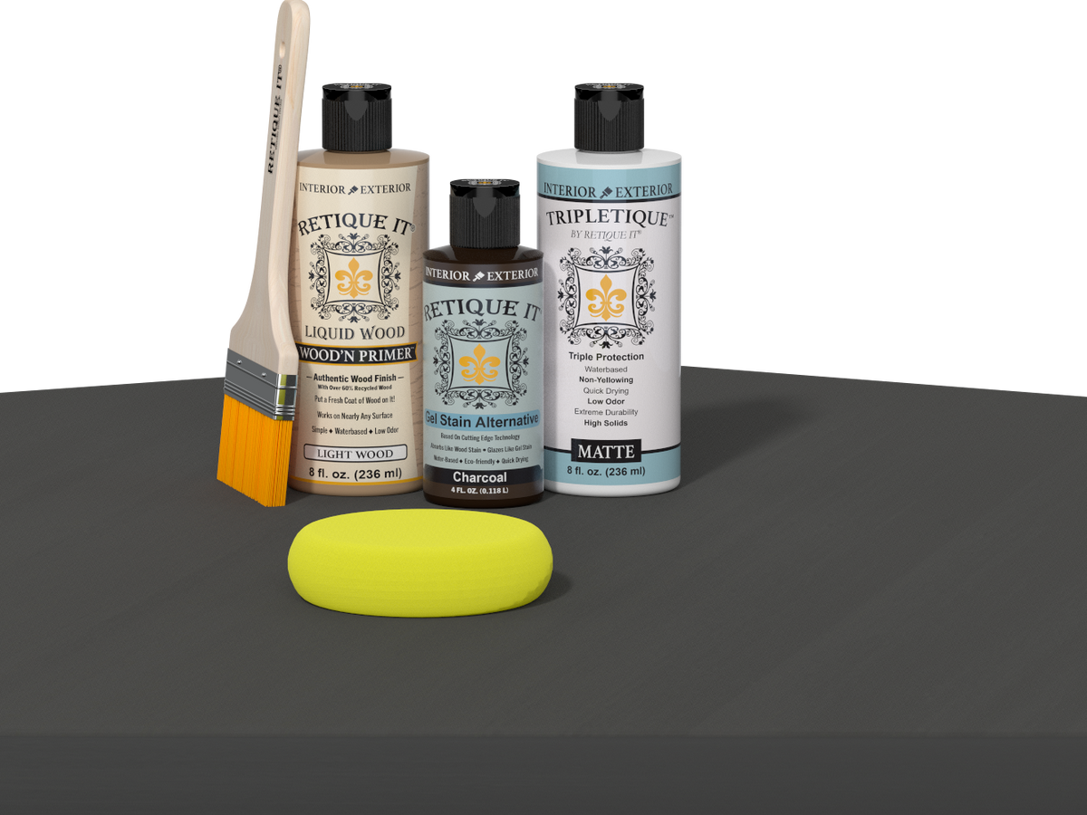 Retique It® wood finish kit in charcoal for interior top coat, featuring smooth application on wood surfaces.
