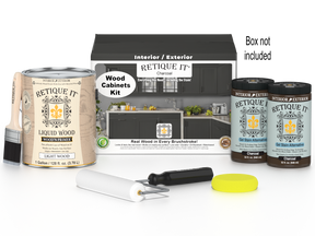 Retique It® Wood'n Cabinet Kit with 48 charcoal-colored doors, smooth stain finish, shown in a box image for cabinetry renovation.