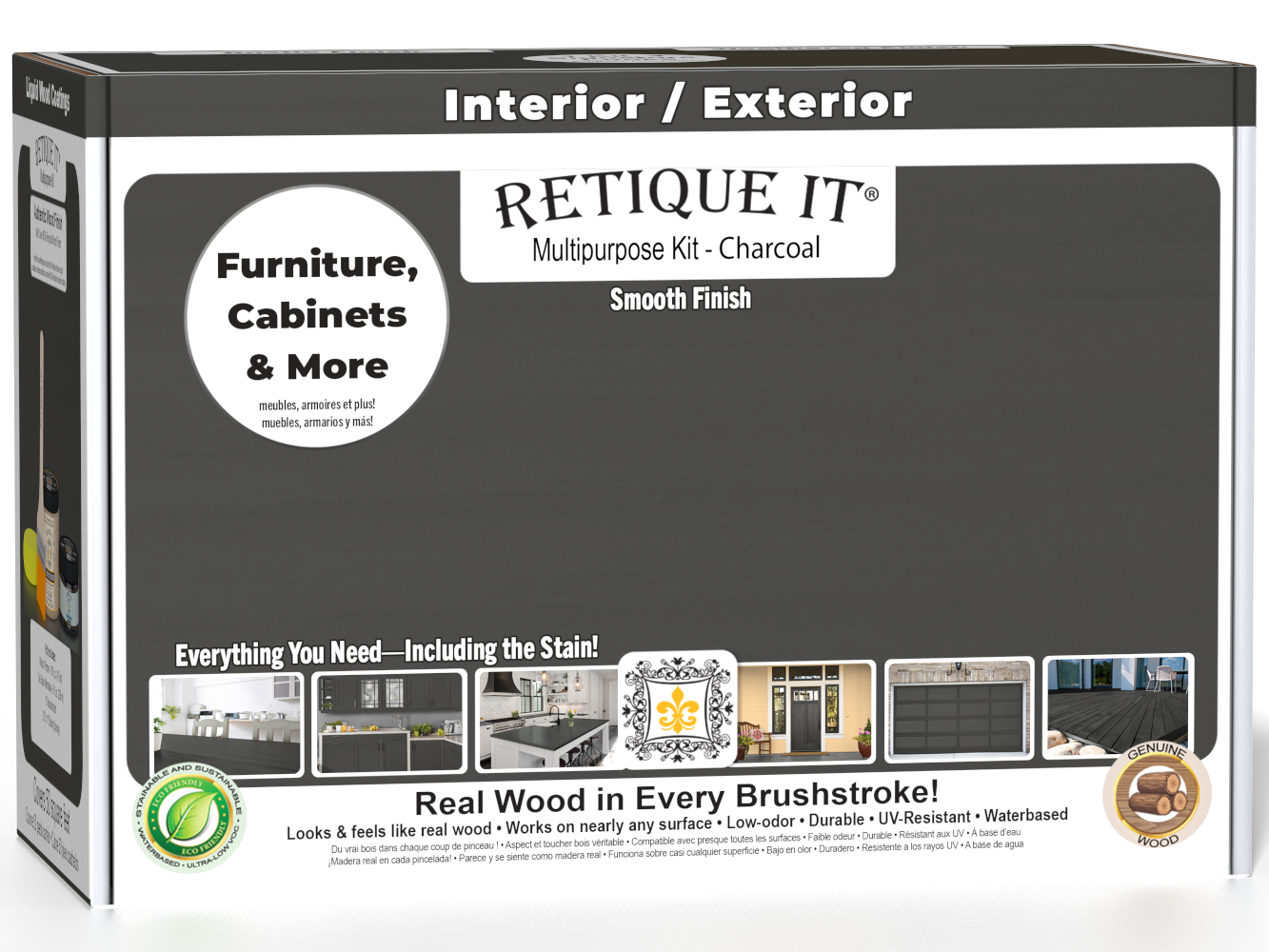 Retique It® Multi-purpose Smooth Finish Kit (Med) in charcoal for exterior wood surfaces, includes top coat and application tools.