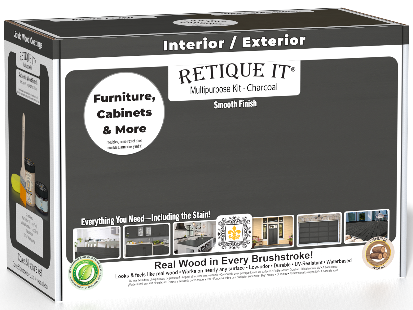 Retique It® Multi-purpose Smooth Finish Kit (Med) in charcoal for exterior wood surfaces, including top coat application.