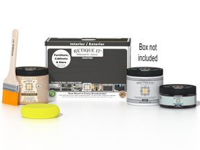 Retique It® Multi-purpose Smooth Finish Kit (Med) in charcoal for exterior wood projects, includes top coat and application tools.