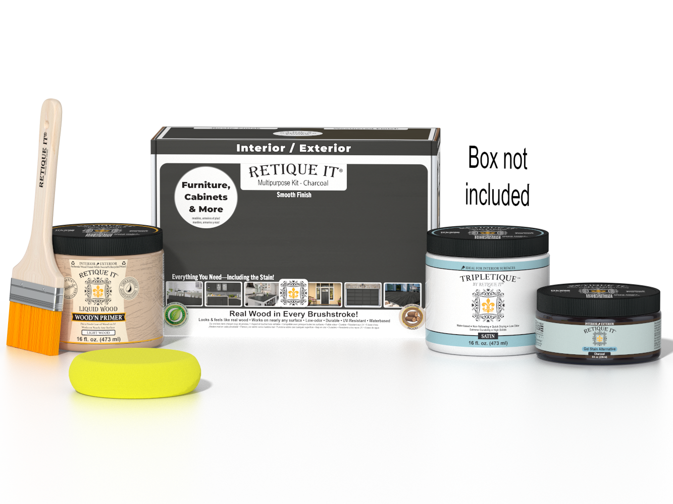 Retique It® Multi-purpose Smooth Finish Kit (Med) in charcoal for interior wood projects, includes top coat and application tools.