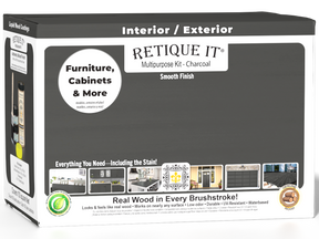 Large Charcoal Wood'n Finish Kit exterior top coat in a box, includes tools for applying a smooth, durable finish on wood surfaces.