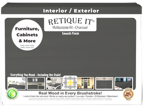 Retique It® Wood'n Cabinet Kit with 12 smooth charcoal stained cabinet doors, designed for easy application and a sleek finish.