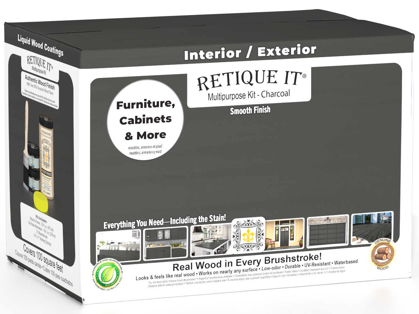 Large Charcoal Wood'n Finish Kit by Retique It® with smooth finish and multiple application tools, ideal for wood furniture refinishing.