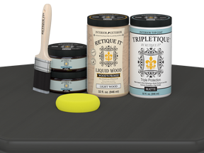 Large charcoal Multi-purpose Smooth Finish Kit by Retique It® for wood interior top coating, includes tools and finish components.