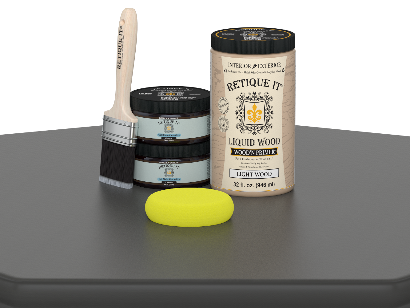 Retique It® Multi-purpose Smooth Finish Kit (Large) in Charcoal for wood finishing, shown in a table setting.