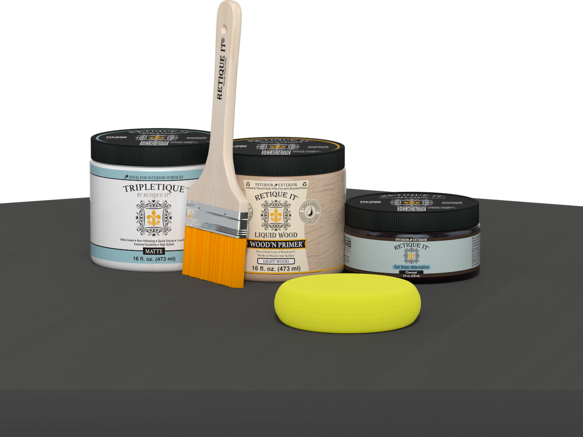 Retique It® Multi-purpose Smooth Finish Kit in charcoal for interior wood surfaces, featuring a matte top coat application.