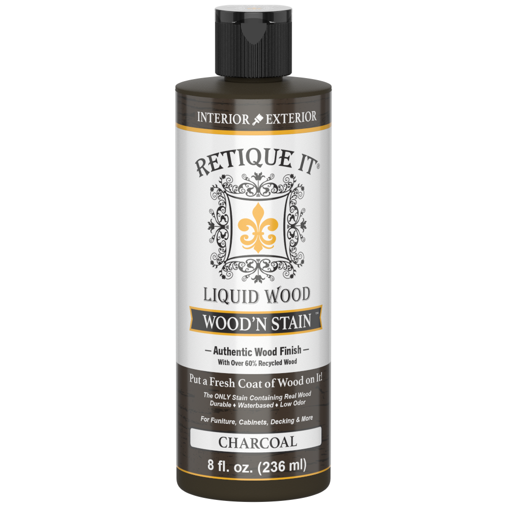 Retique It Liquid Wood Wood'n Stain in 8 oz Charcoal color, showing the stain's dark charcoal finish on wood surface.