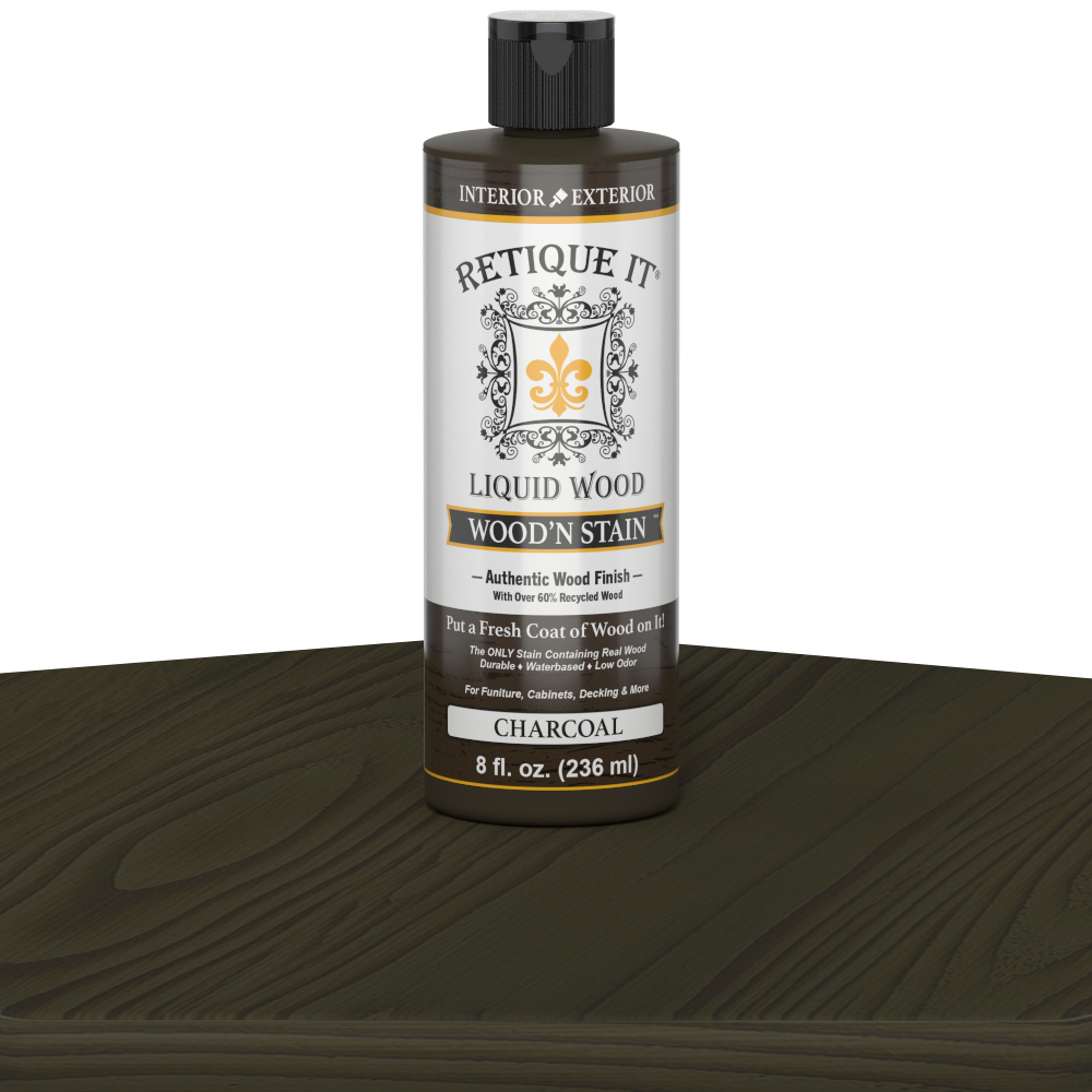 Retique It Liquid Wood Wood'n Stain in 8 oz Charcoal, showcasing the dark, rich stain applied to wood for a deep charcoal finish.