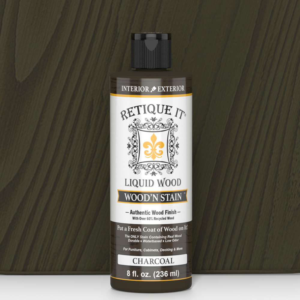 Retique It Liquid Wood Wood'n Stain in Charcoal, 8 oz bottle showing the dark stain suitable for wood finishing.