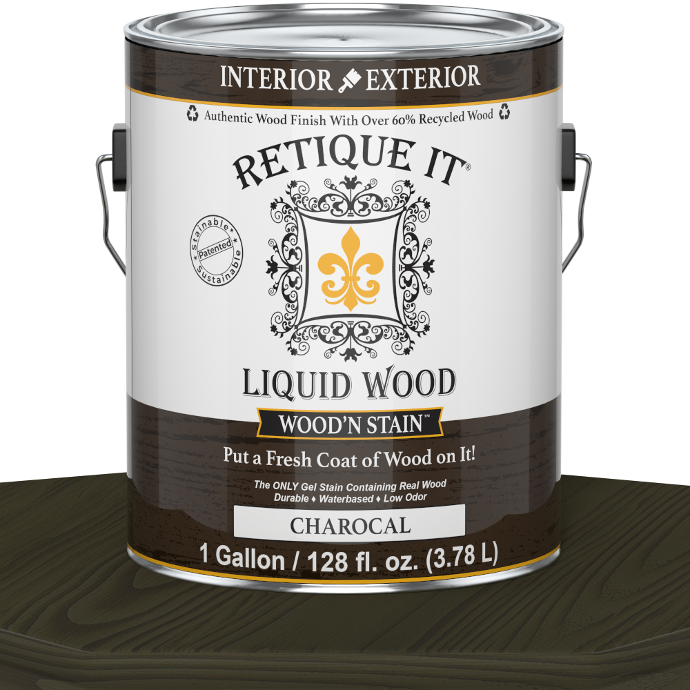 Liquid Wood Wood'n Stain by Retique It in Charcoal, 128 oz bottle, showcasing the dark stain liquid for wood finishing applications.