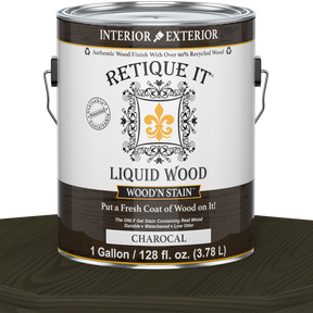 Liquid Wood Wood'n Stain by Retique It in Charcoal, 128 oz bottle, showcasing the dark stain liquid for wood finishing applications.