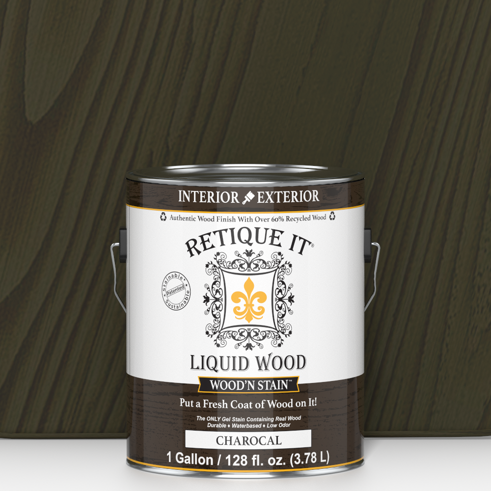 Retique It Liquid Wood Wood'n Stain in Charcoal, 128 oz container, showing the stain's dark charcoal color and wood surface application.