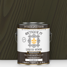 Retique It Liquid Wood Wood'n Stain in Charcoal, 128 oz container, showing the stain's dark charcoal color and wood surface application.