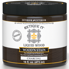 Liquid Wood Wood'n Stain by Retique It in Charcoal, 16 oz, showcasing the deep charcoal stain applied to wood surface.