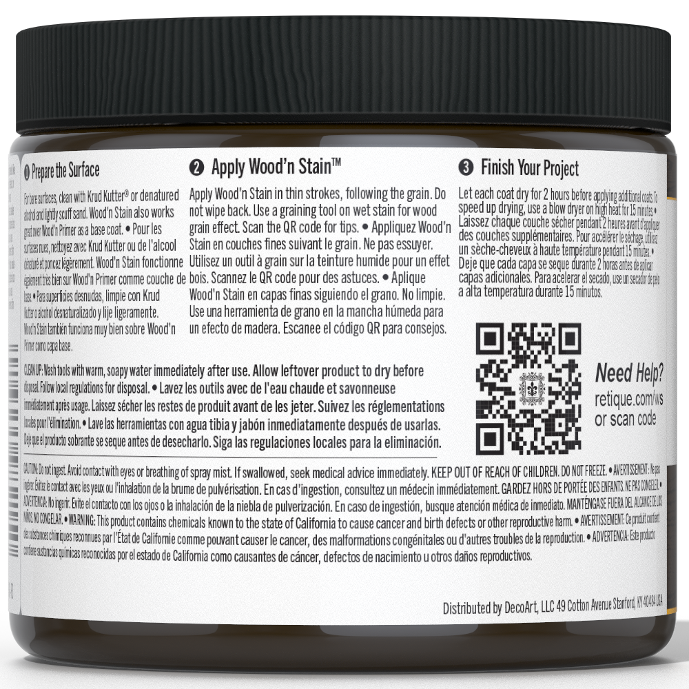 Retique It Liquid Wood Wood'n Stain in Charcoal, 16 oz, showcasing the dark wood stain applied to a surface.