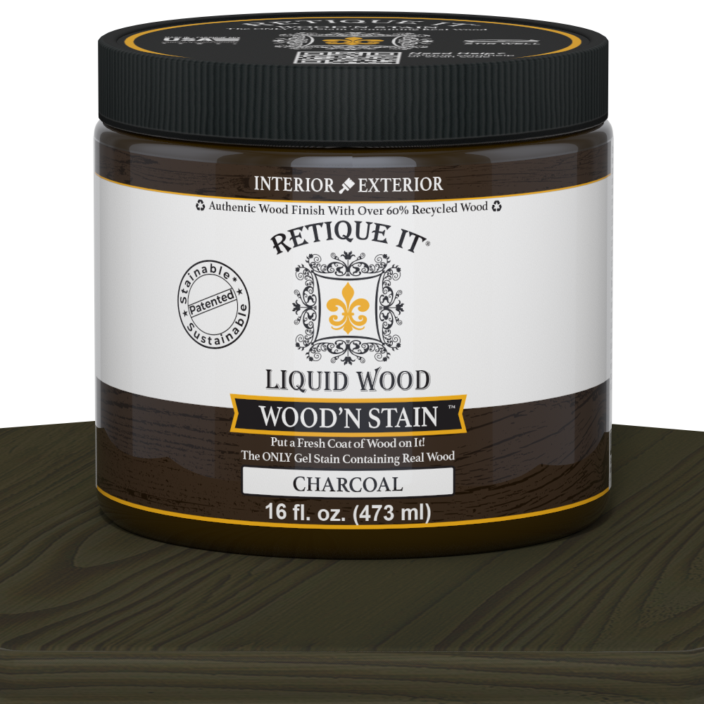 Retique It Liquid Wood Wood'n Stain in Charcoal, 16 oz, showcasing the dark, rich stain applied to wood for a natural finish.