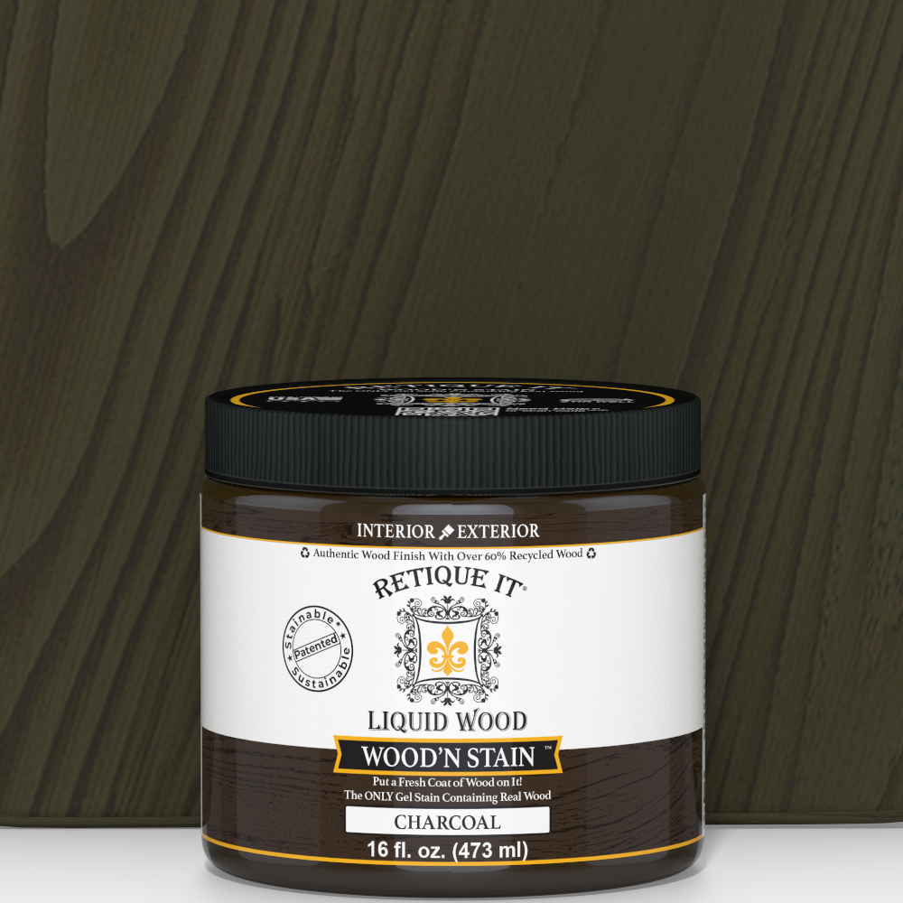 Retique It Liquid Wood Wood'n Stain in Charcoal, 16 oz, showcasing the dark stain applied to wood for a rich finish.