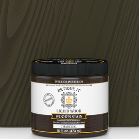 Retique It Liquid Wood Wood'n Stain in Charcoal, 16 oz, showcasing the dark stain applied to wood for a rich finish.