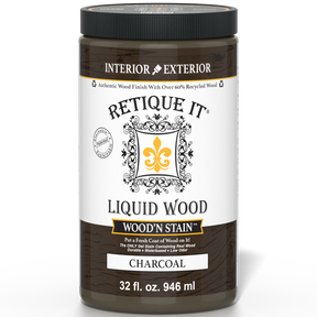 Retique It Liquid Wood Wood'n Stain in Charcoal, 32 oz bottle, showcasing dark wood stain for furniture or cabinetry application.