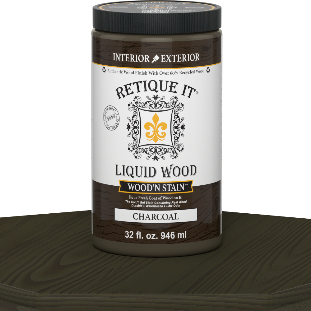 Retique It Liquid Wood Wood'n Stain in Charcoal, 32 oz bottle, showcasing the dark, rich stain suitable for wood finishing projects.