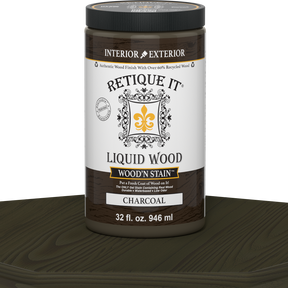 Retique It Liquid Wood Wood'n Stain in Charcoal, 32 oz bottle, showcasing the dark, rich stain suitable for wood finishing projects.