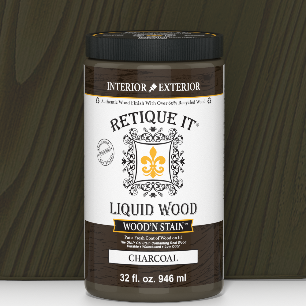 Retique It Liquid Wood Wood'n Stain in Charcoal, 32 oz bottle, showcasing the dark, rich wood stain product for furniture and decor.