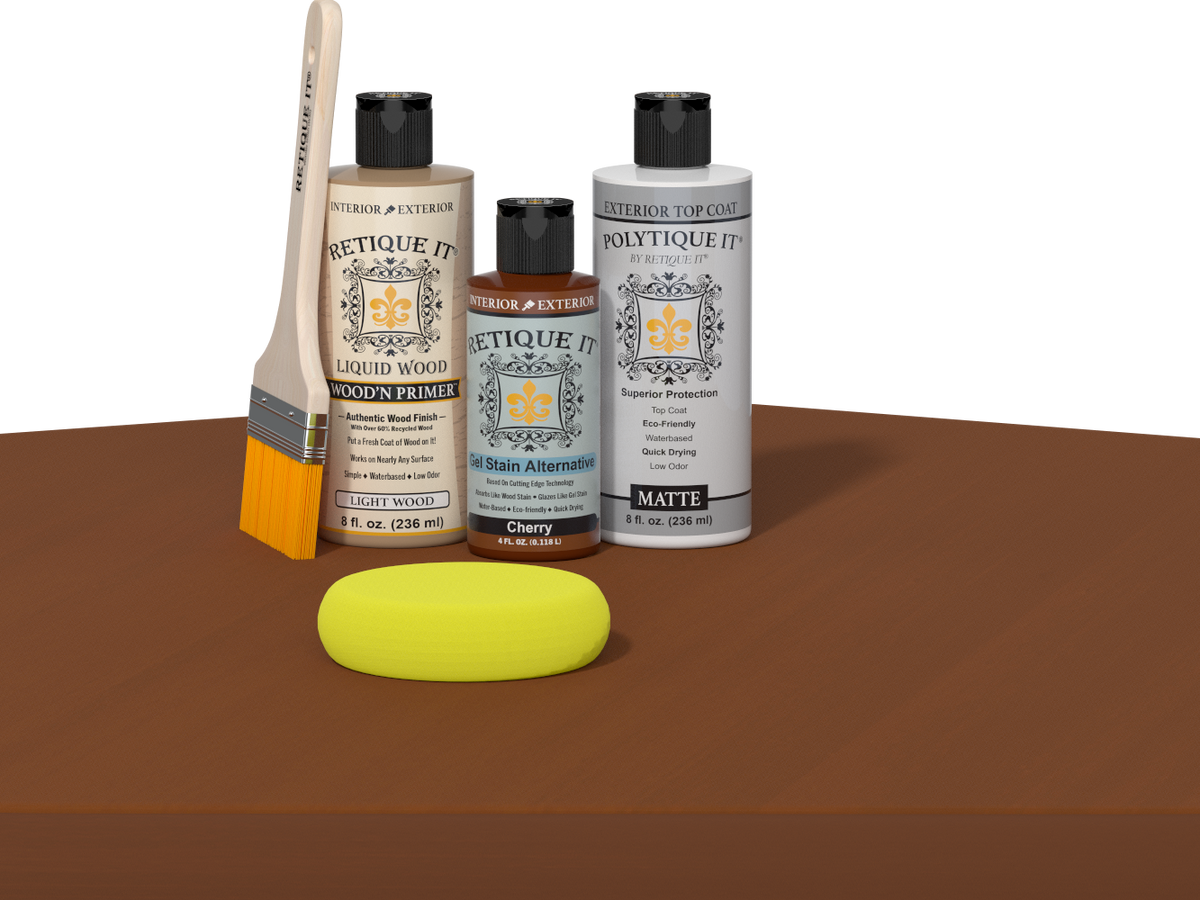 Retique It® Multi-purpose Smooth Finish Kit in Cherry for exterior wood, featuring satin top coat and wood finish components.