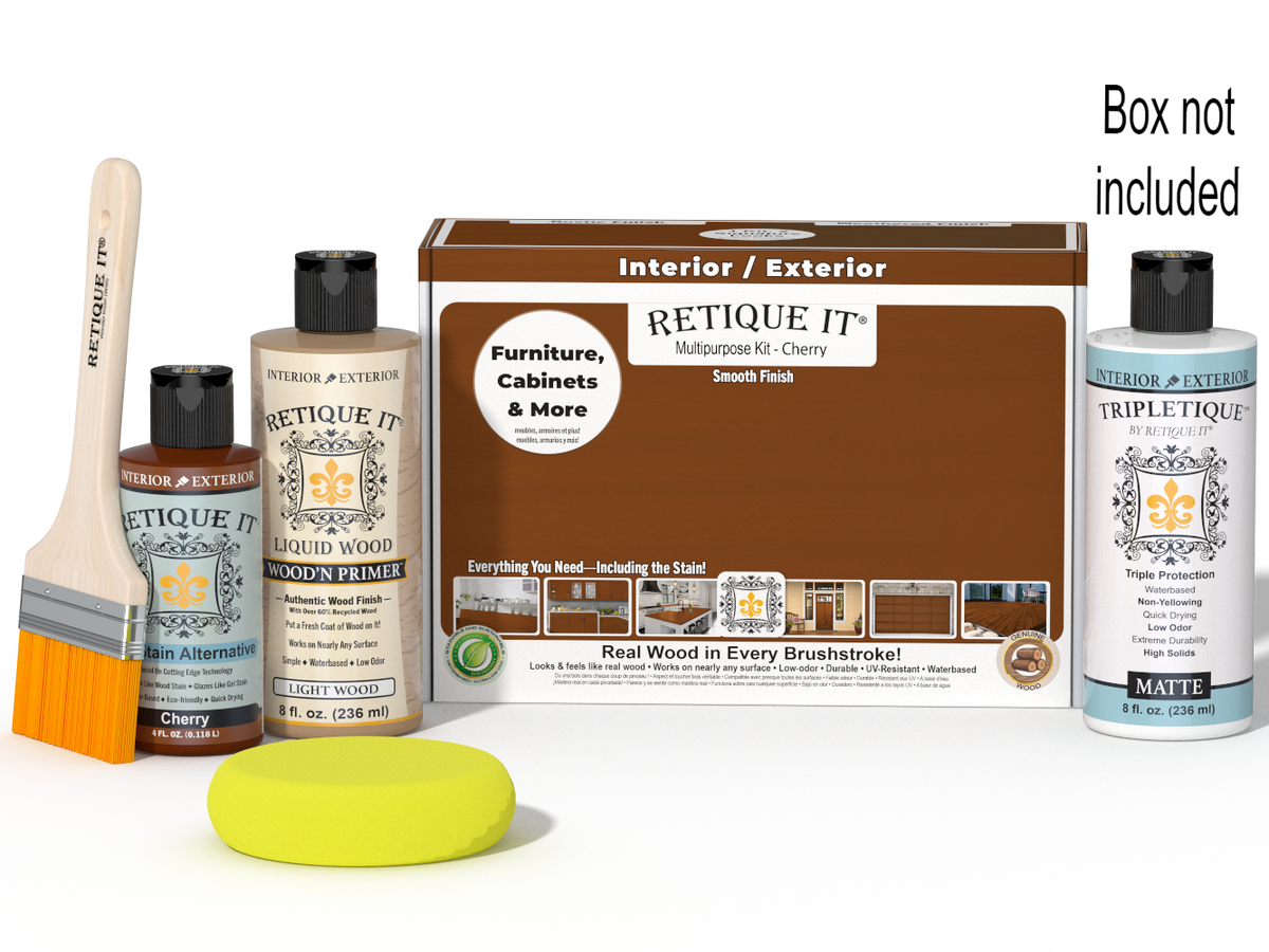 Retique It® multi-purpose cherry finish kit with interior top coat and wood finishing tools, shown in the box.