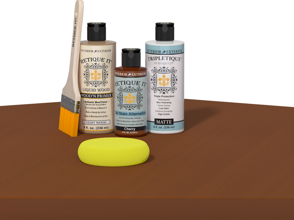 Retique It® Multi-purpose Smooth Finish Kit in cherry for interior wood projects, includes top coat and finishing tools.